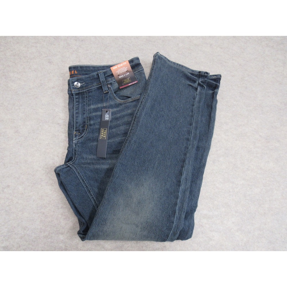 True Rebel 808 Slim Fit Jeans Mens 34x32 Dark Wash Blue Denim Pants NEW